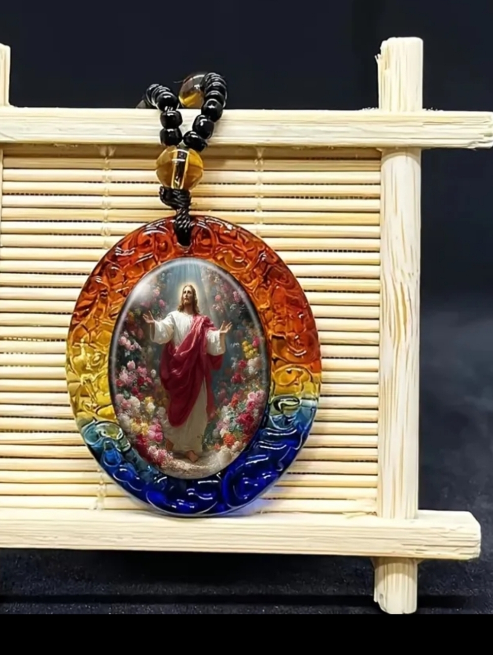 Jesus with arms Outstretched Beaded Amber Necklace with Multicolor Glass Pendant